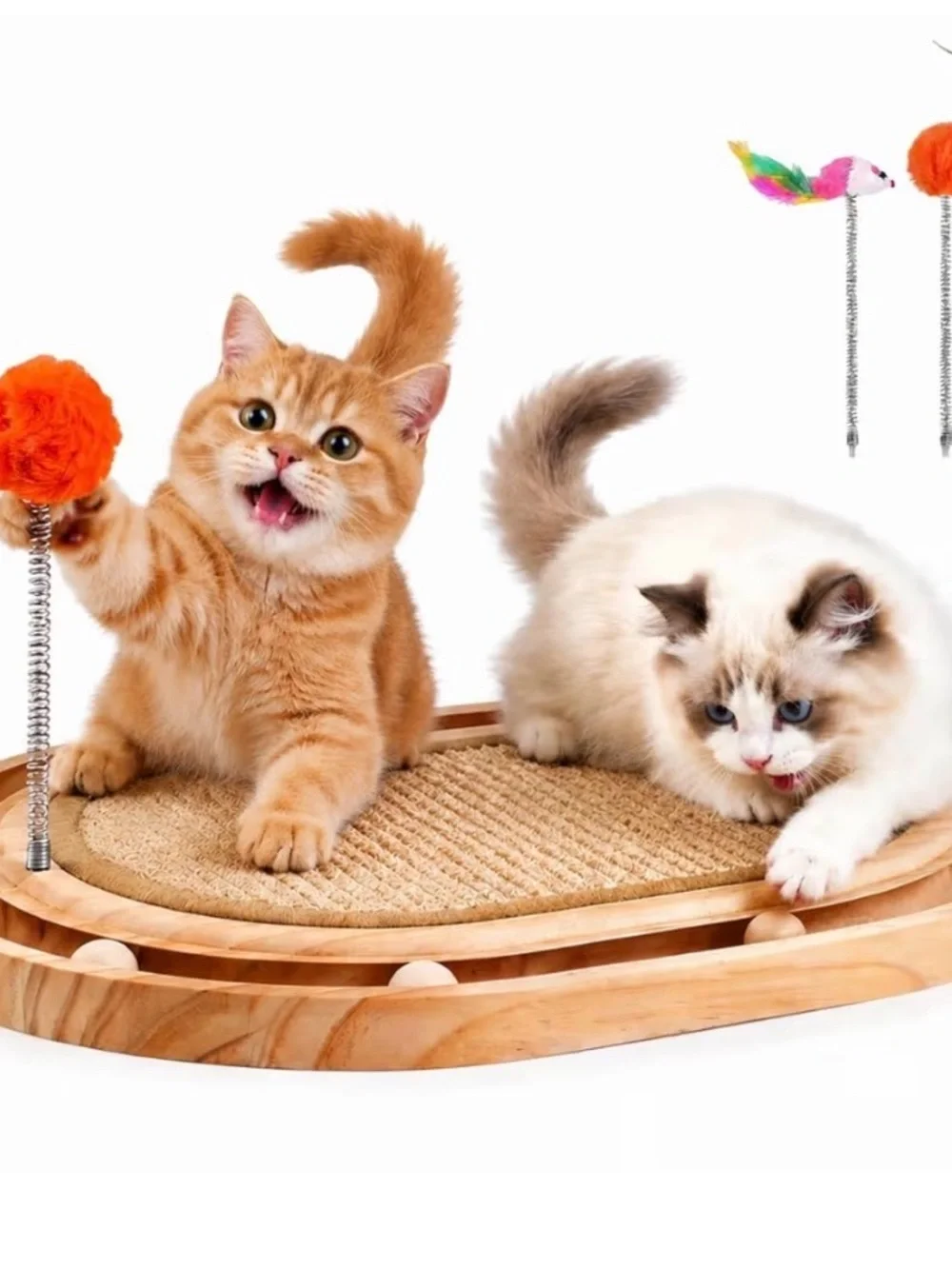 Cat Scratching Pad with Orange Pom Pom Toy - Plush Interactive Cat Toy